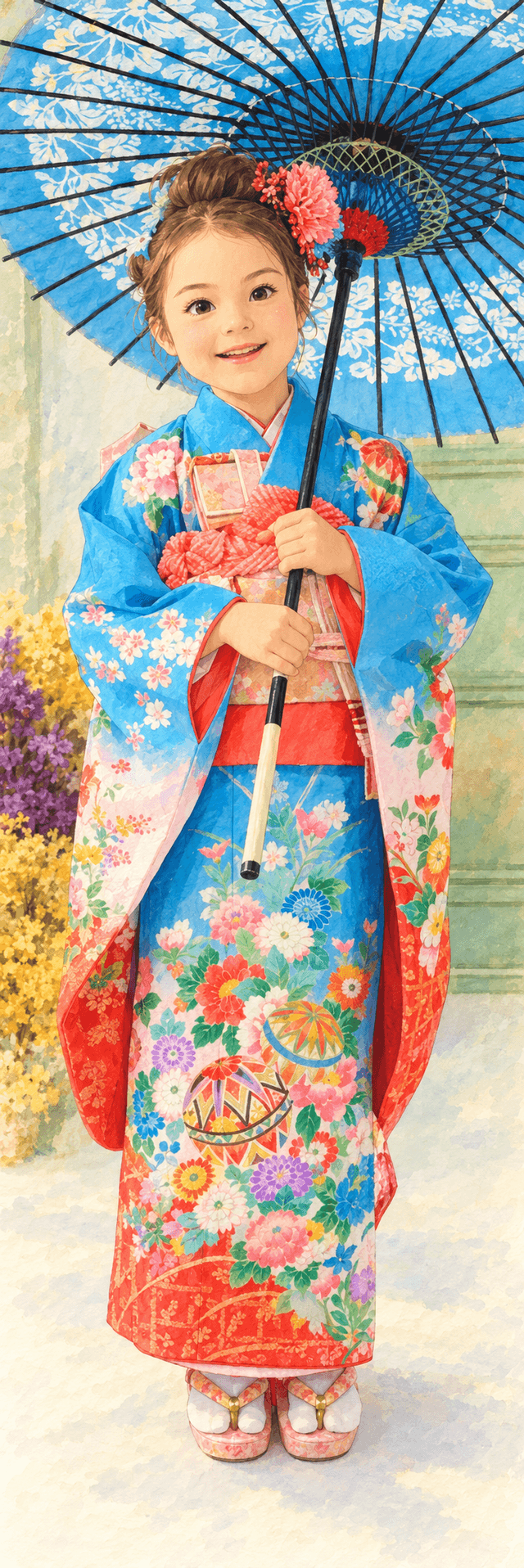 Leona dressed for Shichi-Go-San and holding an umbrella