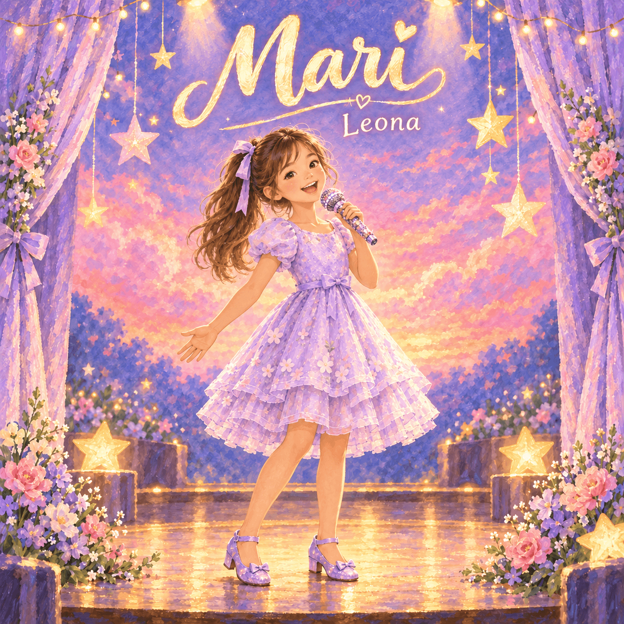 An illustrated girl with brown hair in a ponytail, wearing a lavender dress and matching heels, singing into a jeweled microphone on a stage decorated with stars and flowers.