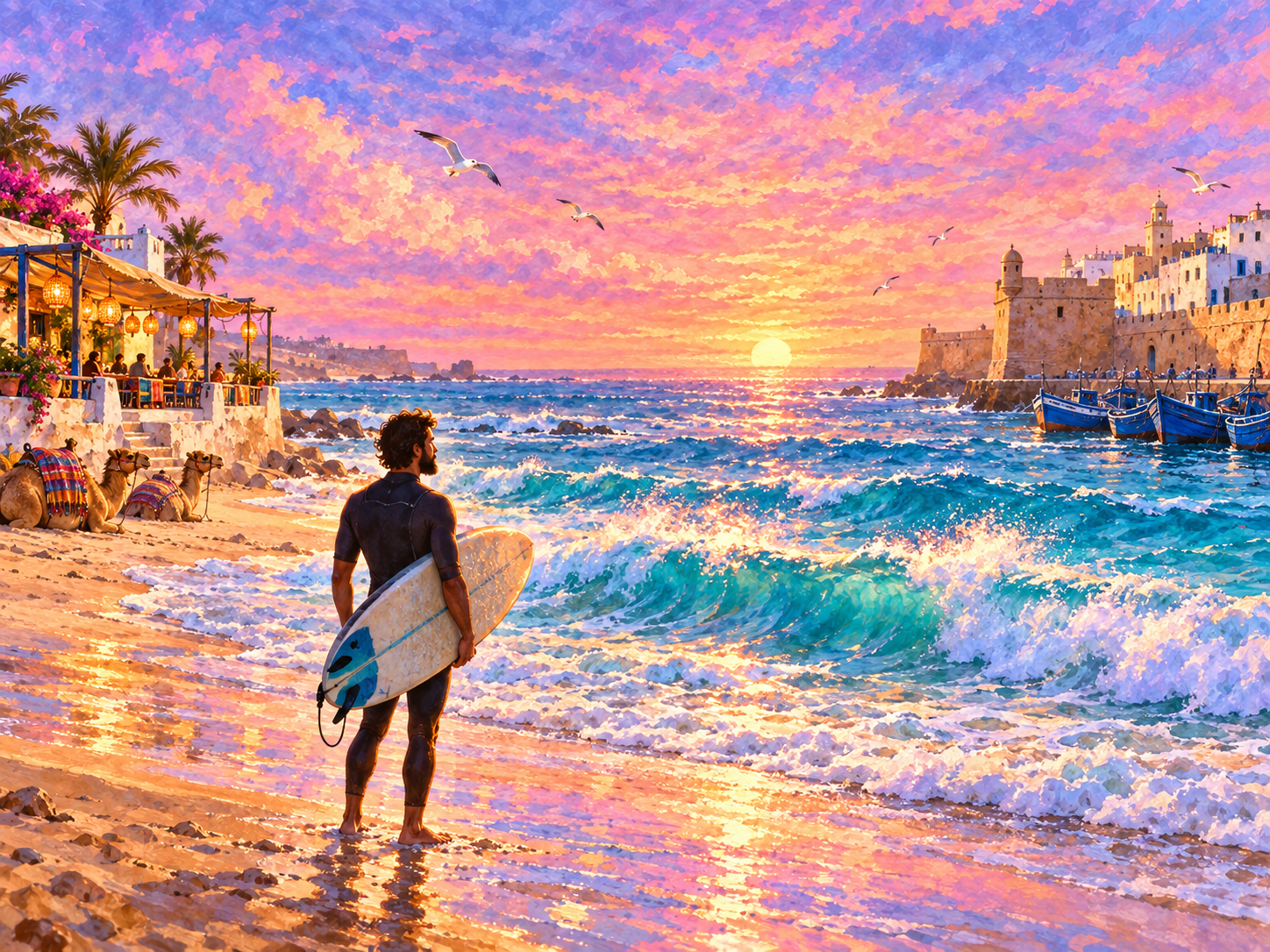 A bearded surfer looks out at turquoise waves at sunset, with a beach café and camels on the left and the walled city and blue fishing boats on the right.