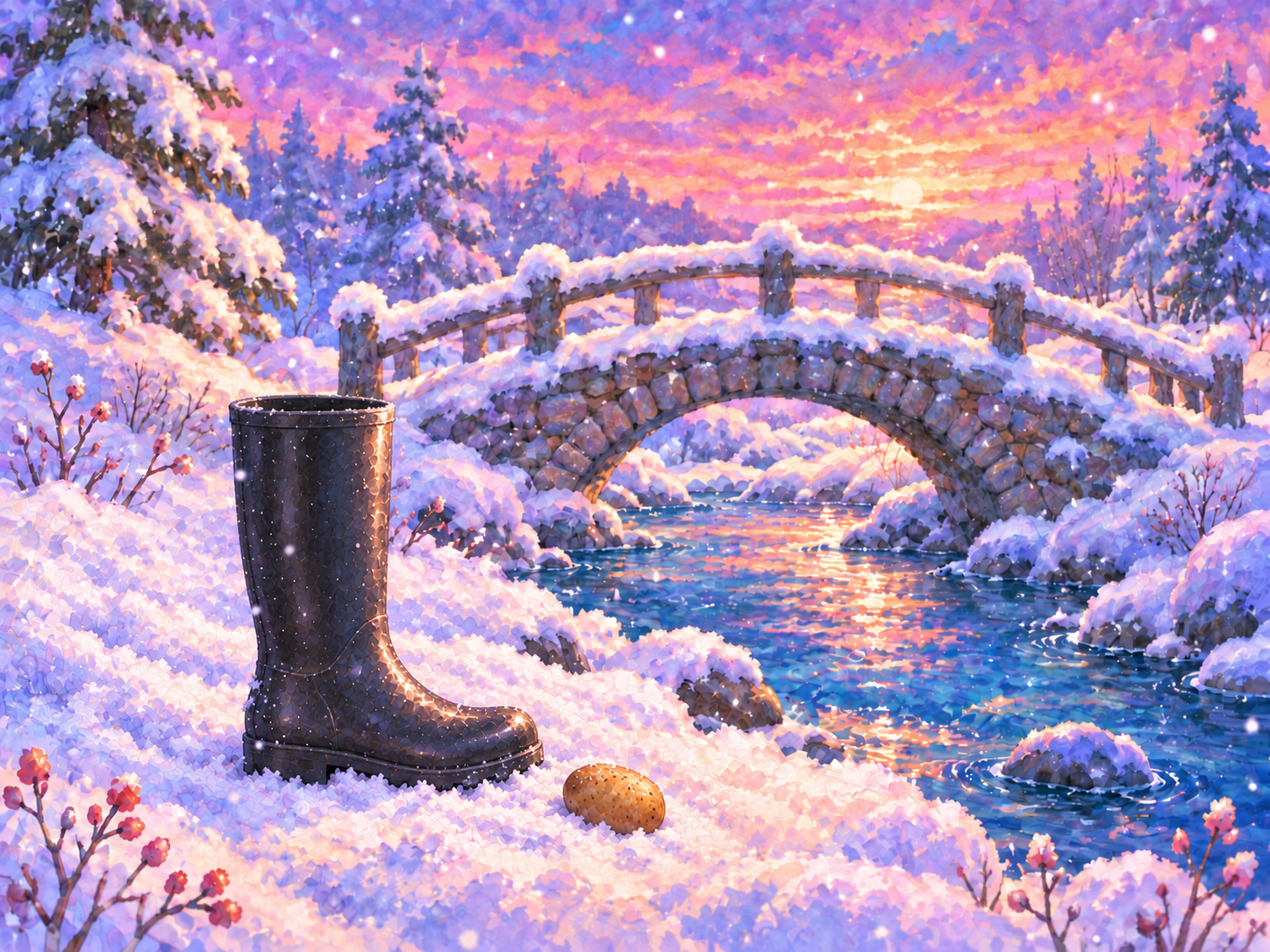 A dreamlike snowy bridge at a pink and lavender sunset, with a black rubber boot and a tiny potato beside a blue stream.